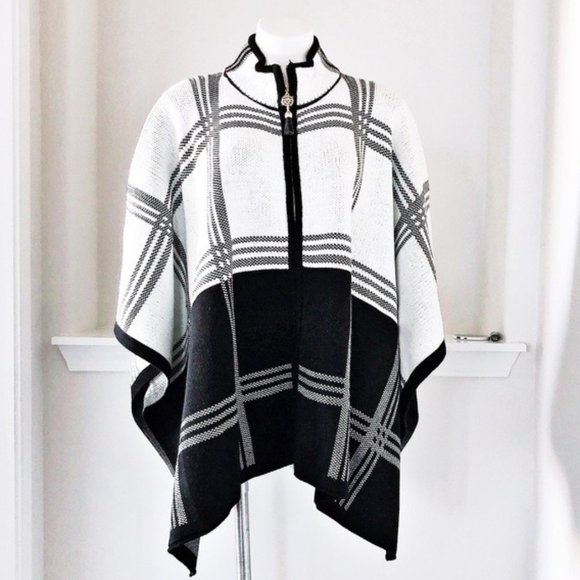 Anne Klein Cape Poncho Sweater Turtleneck Plaid Blk White Size L, New w/Tag $149 - Picture 2 of 11